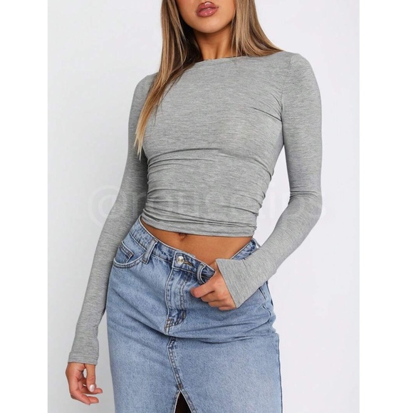 Grey Long Sleeve Crop Top Tee Shirt Round Neck - Picture 2 of 7